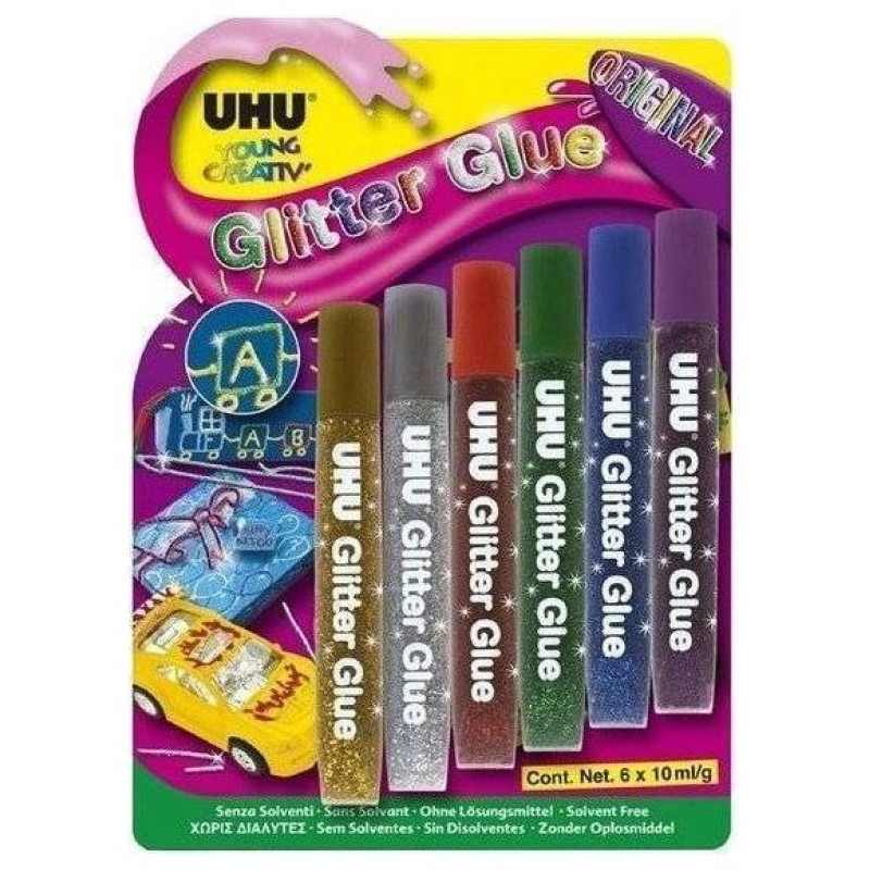 UHU Κόλλα Glitter 6Χ10ml Διάφορα Χρώματα