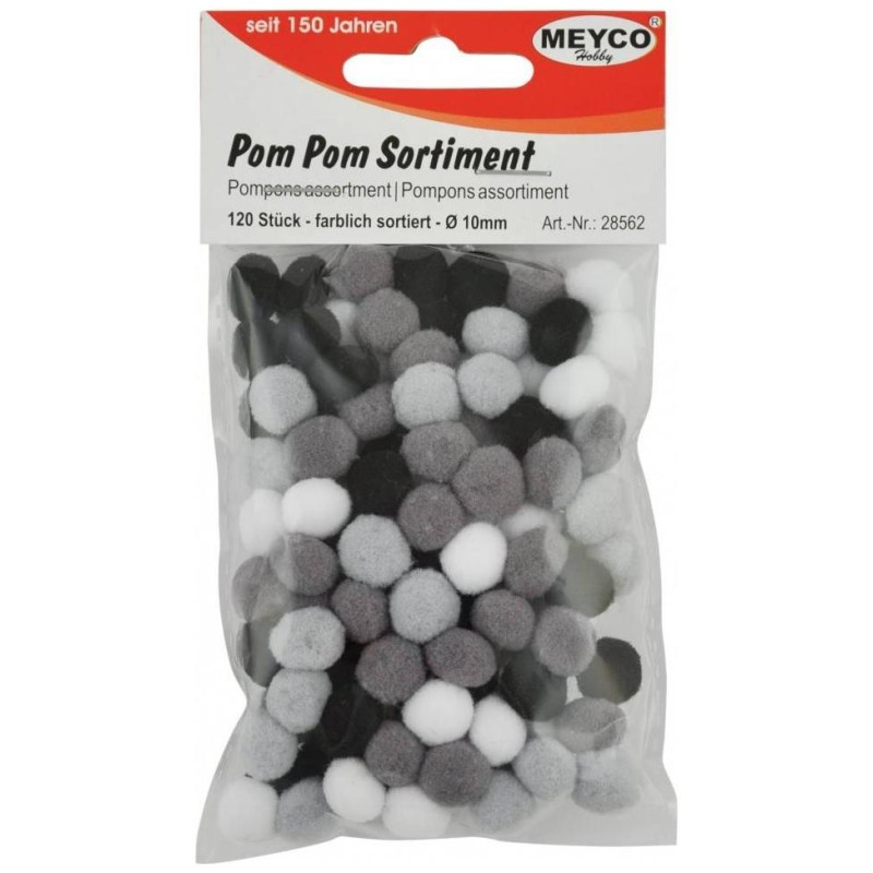 Meyco Pom-Pom Μαύρο / Άσπρο / Γκρι 10 mm, 120 τεμαχίων  M28562
