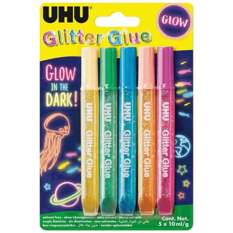 UHU In The Dark Κόλλα Glitter Πολύχρωμη 10ml Σετ 5τμχUHU In The Dark Κόλλα Glitter Πολύχρωμη 10ml Σετ 5τμχ 48210