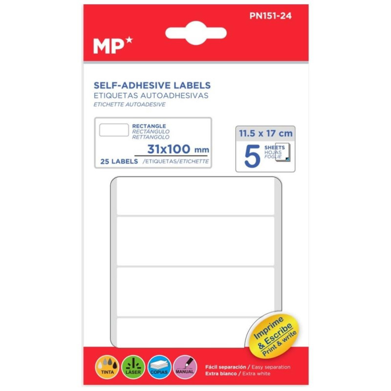 MP Λευκές Αυτοκόλλητες Ετικέτες 31 x 100mm 5 Φύλλα 100 τεμ PN151-24