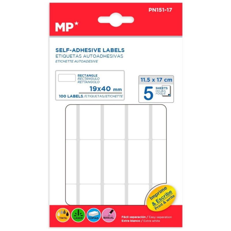 MP Λευκές Αυτοκόλλητες Ετικέτες 19 x 40mm 5 Φύλλα 100 τεμ PN151-17