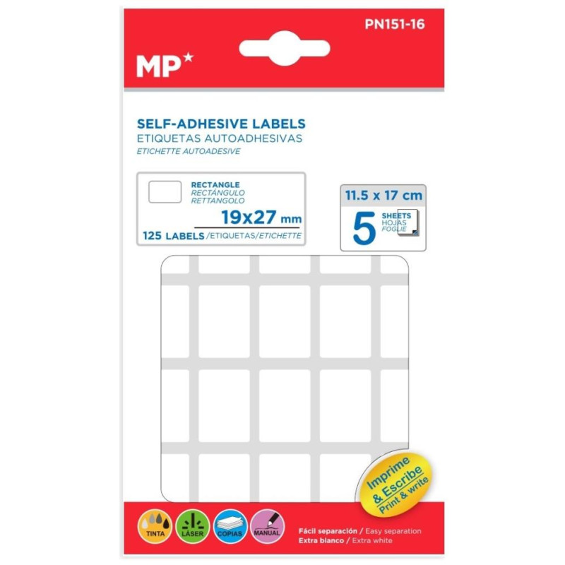 MP Λευκές Αυτοκόλλητες Ετικέτες 19 x 27mm 5 Φύλλα 125 τεμ PN151-16
