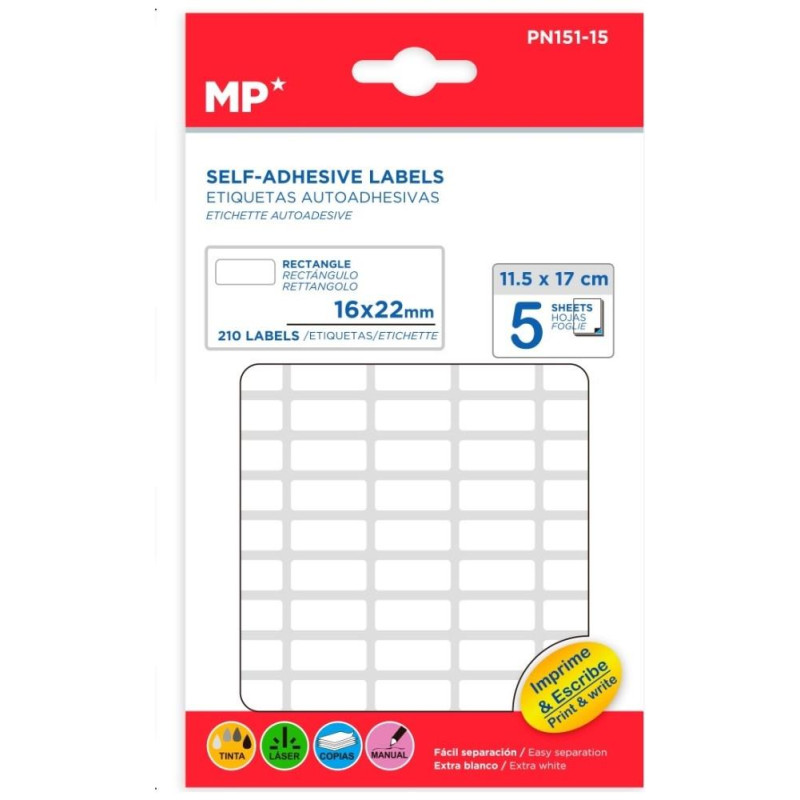 MP Λευκές Αυτοκόλλητες Ετικέτες 16 x 22mm 5 Φύλλα 210 τεμ PN151-15