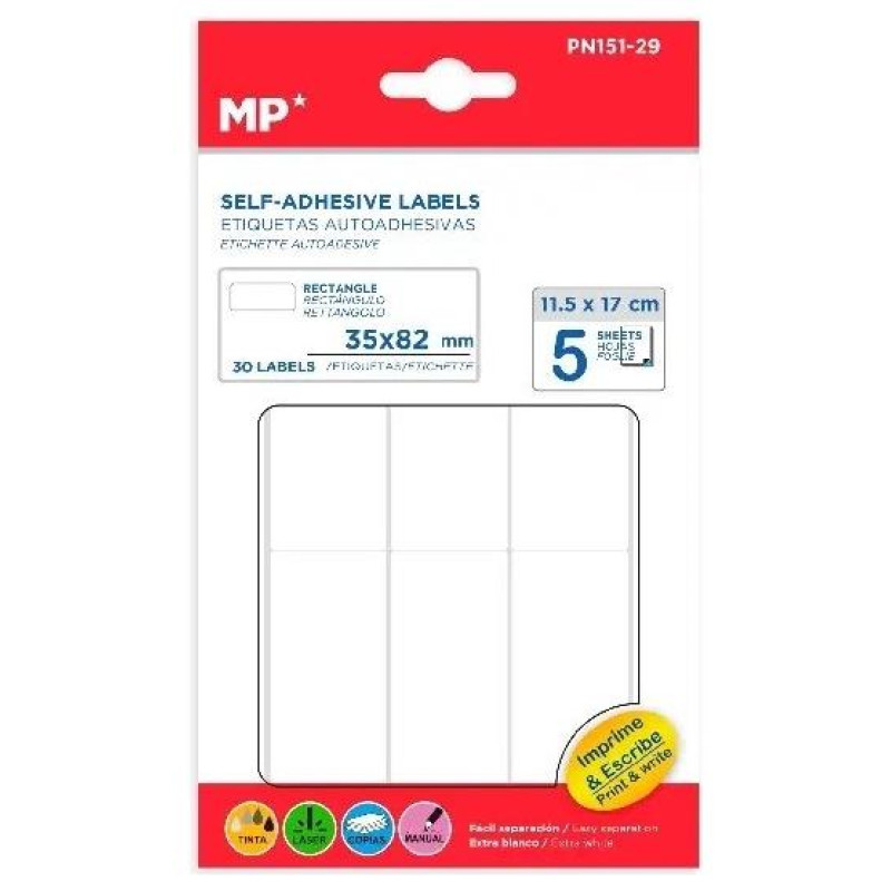 MP Λευκές Αυτοκόλλητες Ετικέτες 35 x 82mm 5 Φύλλα 30 τεμ PN151-29