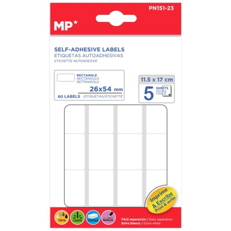 MP Λευκές Αυτοκόλλητες Ετικέτες 25 x 64mm 5 Φύλλα 60 τεμ PN151-23