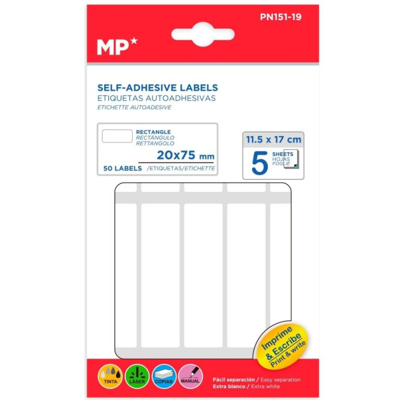 MP Λευκές Αυτοκόλλητες Ετικέτες 20 x 75mm 5 Φύλλα 50 τεμ PN151-19