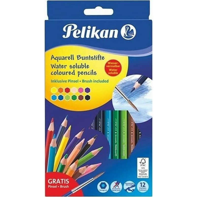 Pelikan Ξυλομπογιές Buntstifte Υδατοδιάλυτες Συσκευασία 12 Τεμαχίων& Πινέλο  700672